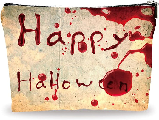 Happy Halloween Makeup Bag - Vintage Simulated Blood Stains - Horror Printing Cosmetic Bag, Toiletry Bag Gift For Girls, Halloween Treat Bag, Teen, Personal Care & Accessories - A12