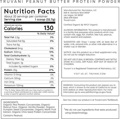 Truvani Vegan Pea Protein Powder | Peanut Butter | 20g Organic Plant Based Protein | 20 Servings | Keto | Gluten & Dairy Free | Low Carb | No Added Sugar