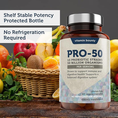 Vitamin Bounty Pro-50 Probiotic - 50 Billion Organisms and 13 Probiotic Strains that Promote Gut Health, Digestive Health Probiotic, Delayed Release Capsule with Prebiotic Greens - 60 Capsules, 2 Pack
