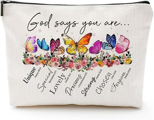 God Says You Are...Christian Gift for Women Inspirational Bible Verse Cosmetic Bags with Zipper Motivational Religious Travel Pouch for Women, Mother, Sister