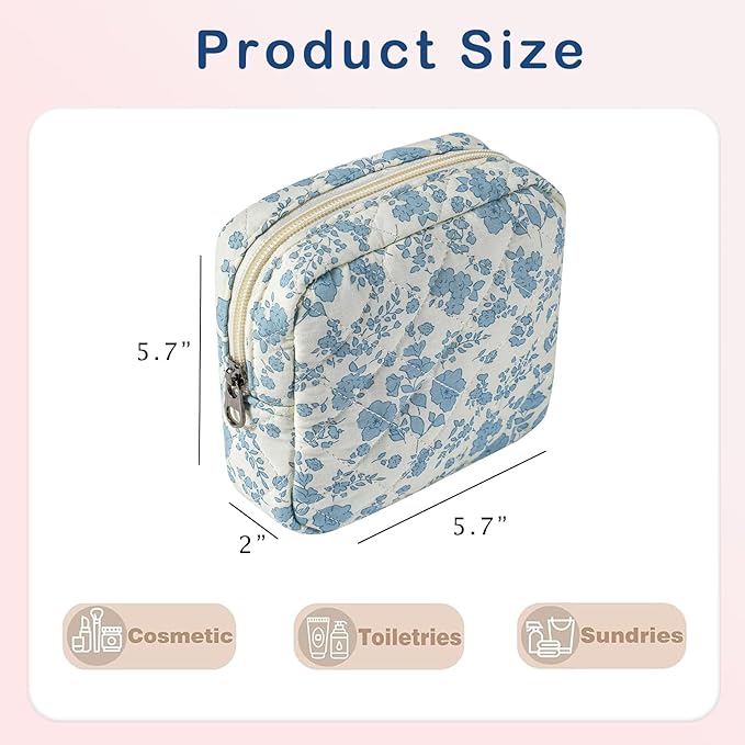 Small Quilted Cotton Makeup Bag for Purse, Cosmetic Bag with Compartments, Cotton Aesthetic Makeup Bag, Travel Toiletry Pouch, Key Pocket Lipstick Bag Card Holder Data Cable Organizer (02Light Blue)