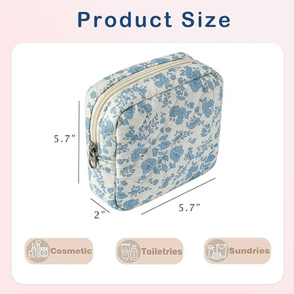 Small Quilted Cotton Makeup Bag for Purse, Cosmetic Bag with Compartments, Cotton Aesthetic Makeup Bag, Travel Toiletry Pouch, Key Pocket Lipstick Bag Card Holder Data Cable Organizer (02Light Blue)