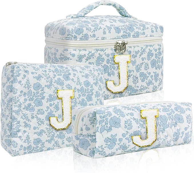 3 Pcs Travel Initial Quilted Makeup Bag set, Toiletry Personalized Floral Makeup Bag Birthday Gifts for teens girls and women, Cosmetic bags makeup organizer bag set-(J)