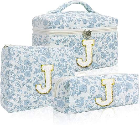 3 Pcs Travel Initial Quilted Makeup Bag set, Toiletry Personalized Floral Makeup Bag Birthday Gifts for teens girls and women, Cosmetic bags makeup organizer bag set-(J)
