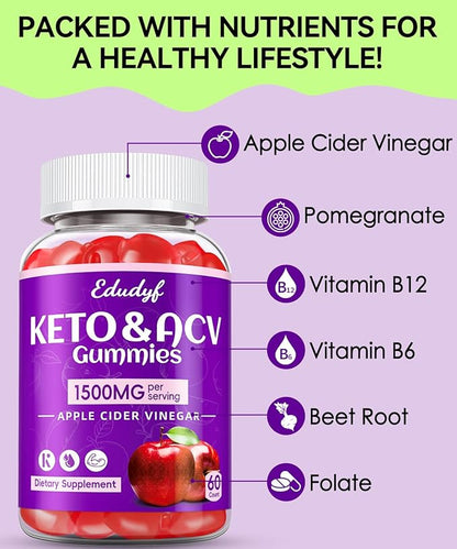 Keto ACV Gummies with B12 B6 – 1500 mg Apple Cider Vinegar Supplement with Pomegranate and Beet Juice, Vegan & Gluten-Free, 180 Gummies for Men & Women
