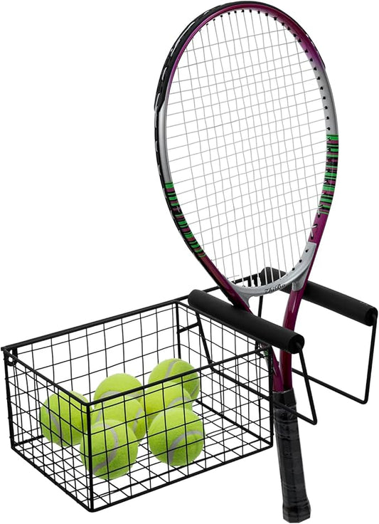MyGift Hanging Metal Tennis Racquet and Tennis Ball Storage Basket Rack, Wall Mounted Racket Holder