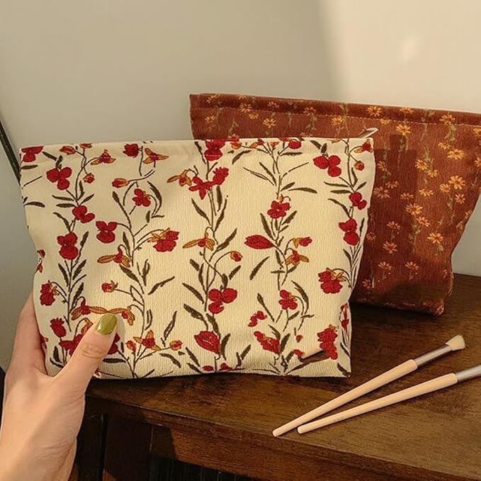 SxoSyo Cosmetic Bags for Women Makeup Bag Large Capacity Purse Travel Toiletry Zipper Storage Pouch Make up Brushes Organizer for Gifts (flowers and plants, Beige)