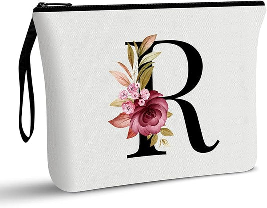 Vavabox A-Z Personalized Makeup Bag, Birthday Gifts for Women Mom, Gifts for Best Friend, Bride Bridesmaid Cosmetic bag (R, White)