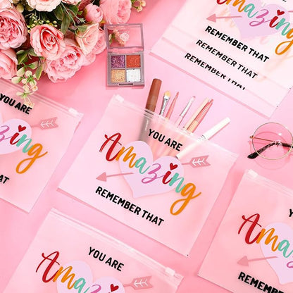 Reginary 100 Pcs Inspirational Gifts for Girls Women Travel Cheer Makeup Bag Bulk Loved Quotes Cosmetic Bags with Zipper Thank You Encouragement Birthday Gift Bag (Elegant)