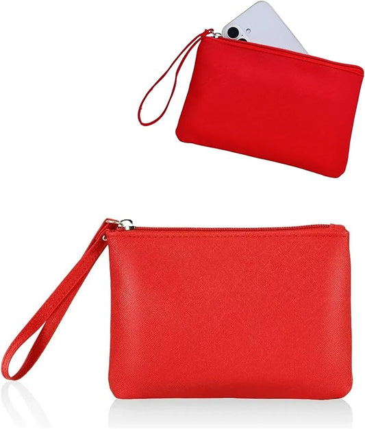 Small Makeup Bag for Purse Mini Cosmetic Pouch Zipper Little Wristlet, Tiny Make Up Organizer Lipstick Feminine Product Car Change Coin Holder for Women Handbags, 8 x 5 Clutch Phone Wallet,1 Red