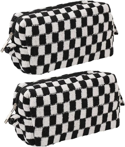 SxoSyo 2 Pcs Cosmetic Bags for Women Makeup Bag Purse Travel Toiletry Zipper Storage Pouch Make up Brushes Organizer for Gifts (Checkered, Black 2)
