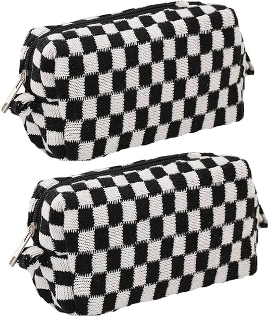 SxoSyo 2 Pcs Cosmetic Bags for Women Makeup Bag Purse Travel Toiletry Zipper Storage Pouch Make up Brushes Organizer for Gifts (Checkered, Black 2)
