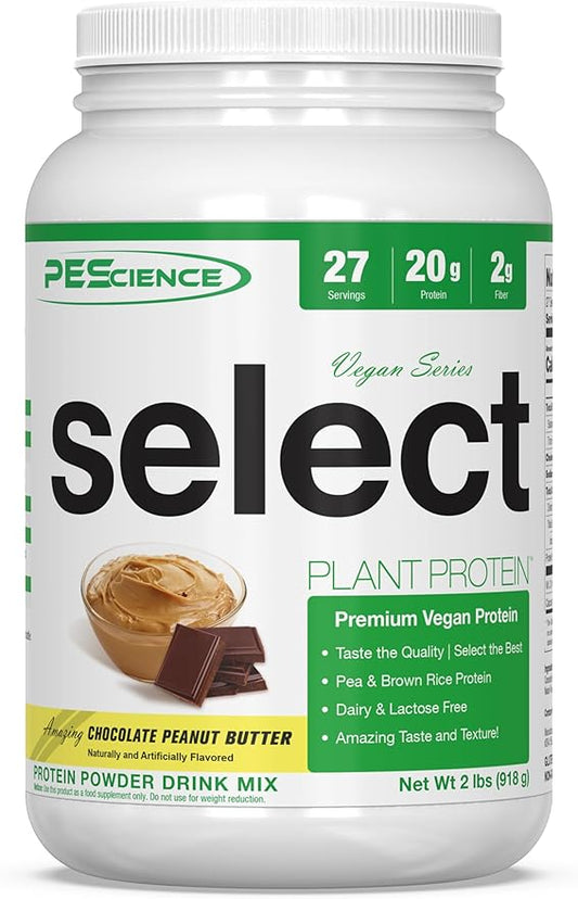 PEScience Select Vegan Plant Based Protein Powder, Chocolate Peanut Butter, 27 Serving, Premium Pea and Brown Rice Blend