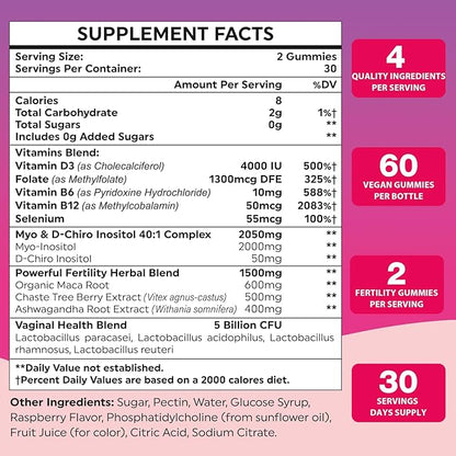 Fertility Supplements for Women, Prenatal Vitamins for Women with Myo-Inositol & D-Chiro Inositol, Folate, Herbs, for Hormonal Balance*, Fertility, 360 Prenatal Gummies (Raspberry)