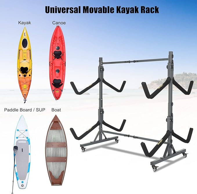 Bonnlo Kayak Stand Freestanding Storage Rack for Kayak Canoe Boat Paddle Board SUP Surfboard for Indoor Outdoor Garage, Shed, Dock with Lockable Wheels Wide Adjustable