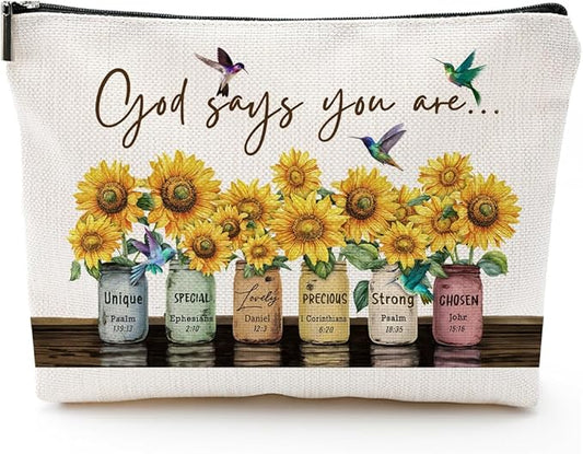 God Says You Are...Christian Gift for Women Inspirational Bible Verse Cosmetic Bags with Zipper Motivational Religious Travel Pouch for Women, Mother, Sister
