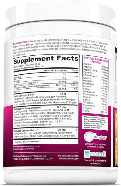 Hydrolyzed Collagen Powder for Weight Loss - Collagen Burn Ultimate Beauty Complex Multi Collagen Peptides Powder for Women with Types I II III V and X for Fat Burning Support - Unflavored