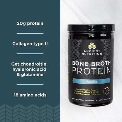 Ancient Nutrition Protein Powder Made from Real Chicken and Beef Bone Broth, Vanilla, 20g Protein Per Serving, 20 Serving Tub, Gluten Free Hydrolyzed Collagen Peptides Supplement
