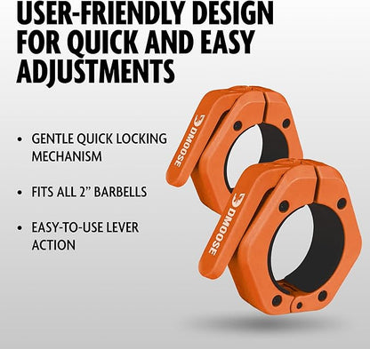 DMoose Fitness Barbell Clips 2" (Pair) - Quick Release Olympic Barbell Clamps & Collars with Anti Slip TPR Lining for Secure Weightlifting & Powerlifting - Weight Clips for Bars at Home or Gym