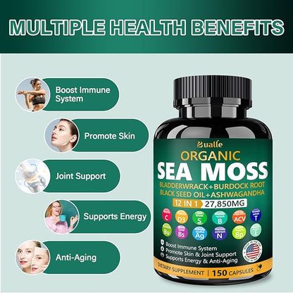 Organic Sea Moss Capsules 27,850mg with Sea Moss,Black Seed Oil,Ashwagandha,Bladderwrack,Ginger,Burdock Root for Immune System,Skin,Energy Support-USA Made (150 Capsules)
