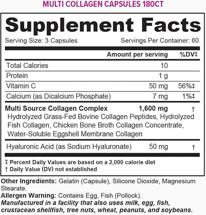 Vitauthority Multi Collagen Pills for Women and Men High Absorption Hydrolyzed Collagen Peptides Capsules for Hair Skin and Nails with Types I II III V X Hyaluronic Acid and Vitamin C - 60 Servings