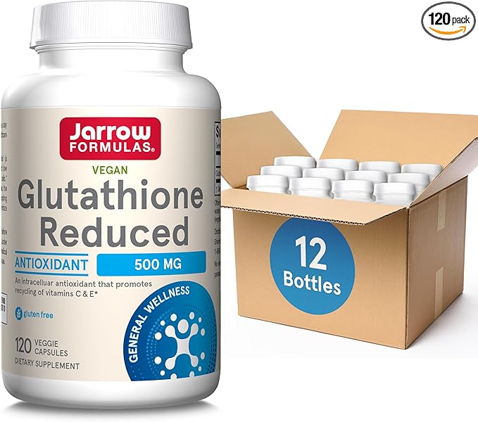 Jarrow Formulas Glutathione Reduced 500 mg- 120 Veggie Capsules- Intracellular Antioxidant- Quality Glutathione Supplements- Supports Recycling of Vitamins C & E- Non-GMO- Gluten Free- Vegan, 12 Packs