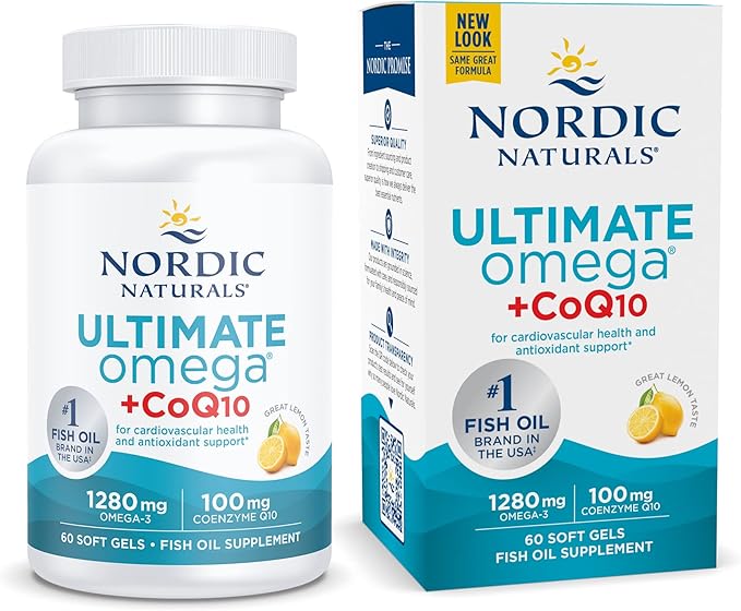 Nordic Naturals Ultimate Omega + CoQ10, Lemon - 60 Soft Gels - 1280 mg Omega-3 + 100 mg CoQ10 - Heart Health, Cellular Energy, Antioxidant Support - Non-GMO - 30 Servings