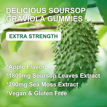 Soursop Graviola Gummies with Sea Moss Extract - Antioxidant, Cell Support & Regeneration, Immune Support, Soursop Leaves Gummies with Sea Moss, Vitamin C & Zinc, Apple Flavor - 60 Gummies(2 Pack)
