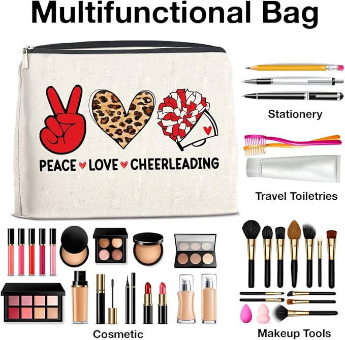 Cheerleading Gifts Makeup Bag Funny Team Gifts for Women Friends Girl Cosmetic Bag Peace Love Zipper Makeup Pouch Gift