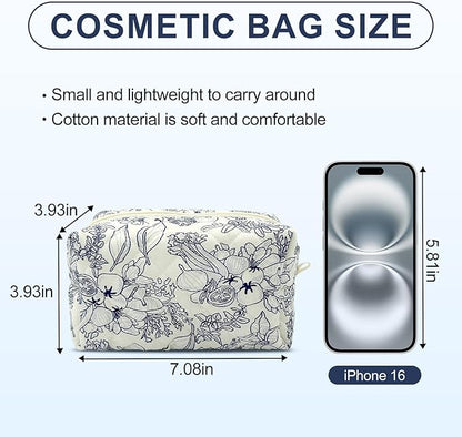 Quilted Makeup Bag,Small Travel Floral Cosmetic Bag Cute Pouch,Cotton Makeup Brushes Storage Bag for Women