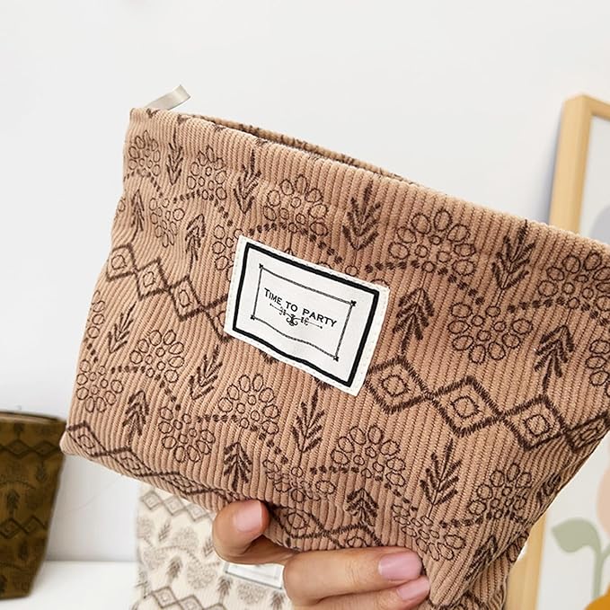 Flower Fabric Makeup Bag for Purse, Vintage Corduroy Cosmetic Pouch Bag, Portable Travel Handbag for Women Girls (Vintage Khaki)