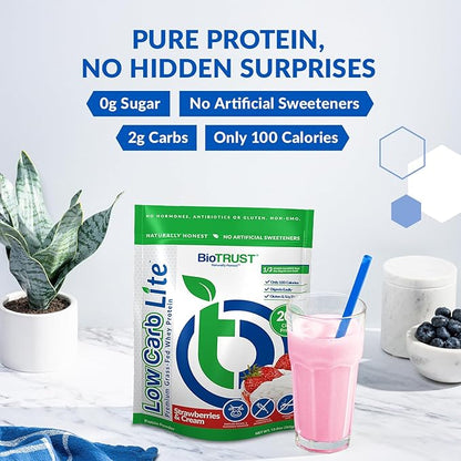 BioTrust Low Carb Lite, 20 Grams of Grass-Fed Whey Protein Isolate, 100 Calories, ProHydrolase Digestive Enzymes, Non-GMO, Free from Soy and Gluten, rBGH-Free (14 Servings) (Strawberries and Cream)