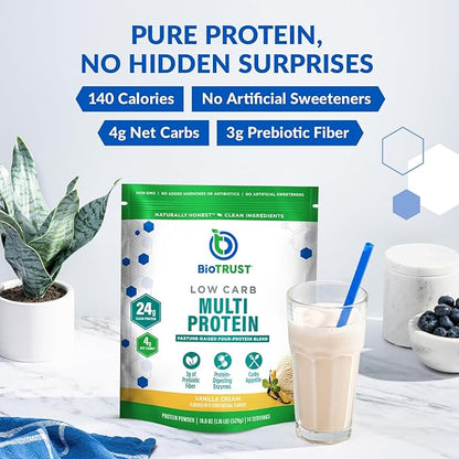 BioTrust Low Carb Protein Powder – Natural and Delicious Whey & Casein Blend from Grass-Fed Hormone Free Cows – Non GMO, Soy Free, Gluten Free, Hormone Free (Vanilla, 3-Pack)