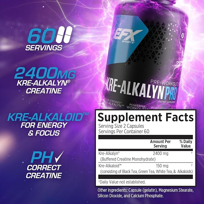 EFX Sports Kre-Alkalyn Pro | pH Correct Creatine Monohydrate Pill Supplement | Muscle Building Pre Workout for Men & Women