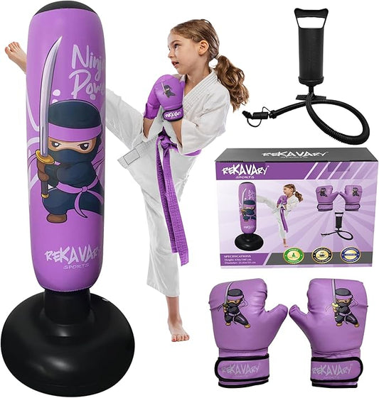 Punching Bag for Kids - 5' 3" Tall and Stable - Ninja Kids Inflatable Punching Bag Combo Kit with Kids Boxing Gloves, a Pump and Repair Kit. Boxing Bag for Immediate Bounce Back