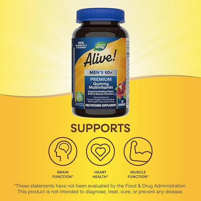 Nature’s Way Alive! Men’s 50+ Premium Gummy Multivitamin, Supports Healthy Heart, Brain & Muscle Function*, B-Vitamins, Vegetarian, Grape, Orange and Cherry Flavored, 75 Gummies (Packaging May Vary)