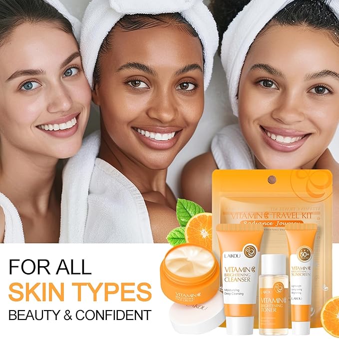 Vitamin C Travel Skincare Set for Teenage Girls, Skin Care Set Travel Kit 4 Pack, Face Routine Set for Women and Girls with Cleanser, Toner, Face Cream, Sunscreen SPF50 - Travel Essentials Gift Set
