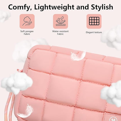 Quilted Cosmetic Bag, Puffer Makeup Bags, Crossbody Purses for women,Cute Travel Toiletry Bag for Women (Pink)