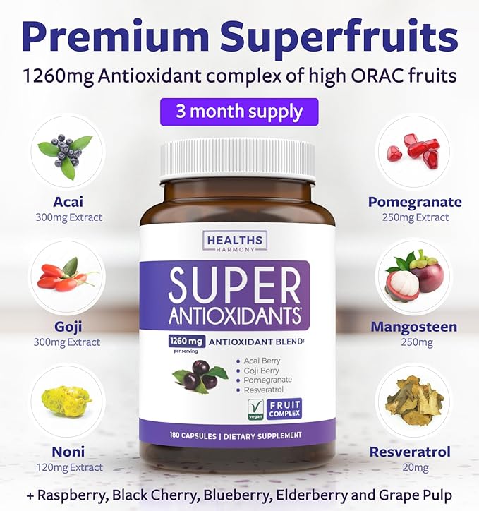 Super Antioxidants Supplement - Powerful Super Food Antioxidant Daily Blend - Acai Berry, Goji, Pomegranate & Trans Resveratrol - Herbal and Fruit Formula For Women and Men - Skin Care - 180 Capsules