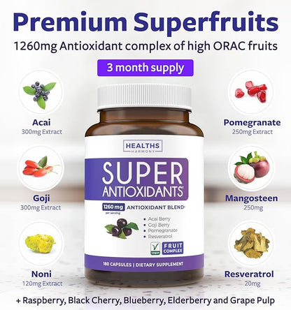 Super Antioxidants Supplement - Powerful Super Food Antioxidant Daily Blend - Acai Berry, Goji, Pomegranate & Trans Resveratrol - Herbal and Fruit Formula For Women and Men - Skin Care - 180 Capsules