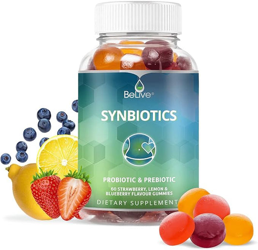 BeLive Synbiotics - Probiotic & Prebiotic Fiber Gummies – High Strength Inulin (3g), Dietary Fiber Supplement, Digestive Support for Kids & Adults - Strawberry, Lemon, Blueberry Flavor (60Ct)