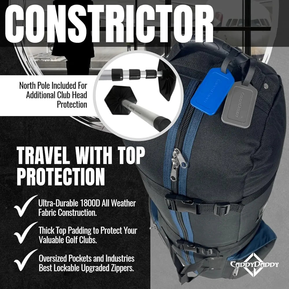 CaddyDaddy Constrictor Soft-Sided Golf Travel Bag Cover with Thick Dense Foam Padded Top 1 Year Full Travel Bag Replacement Coverage | Wheels & Lockable Zippers Case for Transporting Clubs on Airlines