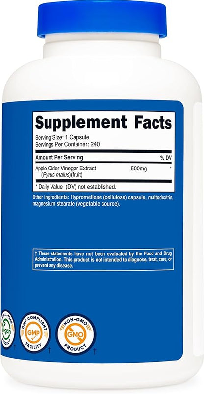 Nutricost Apple Cider Vinegar Capsules 500mg, 240 Vegetarian Capsules - Natural, Vegetarian, GMP, Non-GMO and Gluten Free