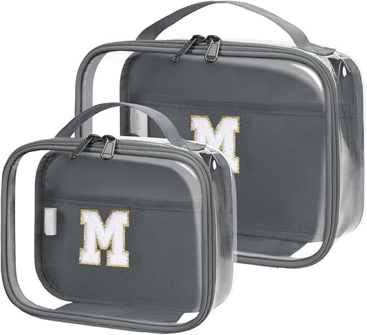 Wandering Nature Clear Makeup Bags 2 Pack Personalized Initial Makeup Pouch Preppy Small Cosmetic Pouch Organizer Travel Toiletry Bag, Birthday Gifts for Girlfriend Women