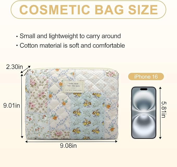 Quilted Makeup Bag,Medium Travel Floral Cosmetic Bag Cute Pouch,Cotton Makeup Brushes Storage Bag for Women
