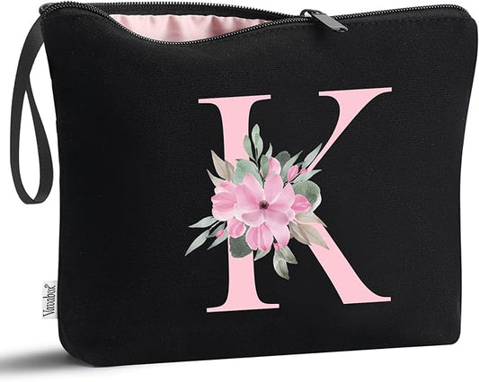 Vavabox A-Z Personalized Makeup Bag, Birthday Gifts for Women Mom, Gifts for Best Friend, Bride Bridesmaid Cosmetic bag (K, Black)