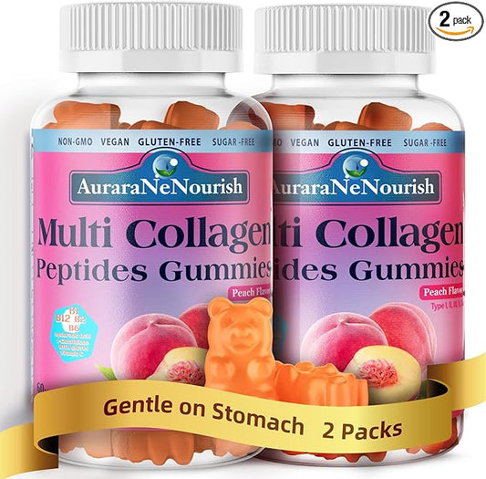 2 Pack Multi Collagen Peptides Gummies, Sugar Free Hydrolyzed 5000mg Protein丨Type I,II,III,V,X with Biotin Hyaluronic Acid Vitamin C A D B6 B12 L-Glutathione for Skin Hair Nail & Joint -Peach
