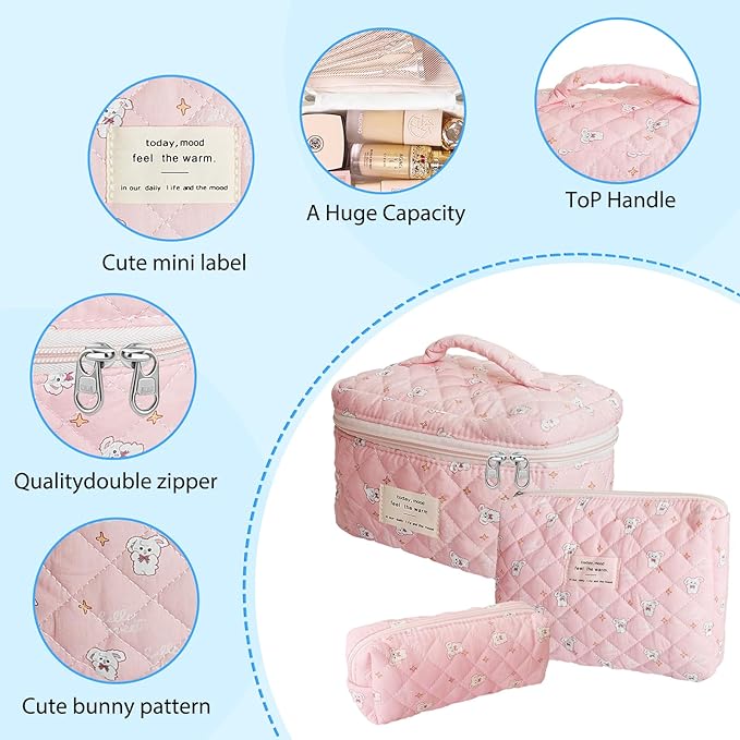 Quilted Makeup Bag, Large Capacity Travel Cosmetic Bag for Women and Girls, Aesthetic Storage for Daily and Travel Use (3pcs-RabbitAnimalPrint)