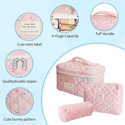 Quilted Makeup Bag, Large Capacity Travel Cosmetic Bag for Women and Girls, Aesthetic Storage for Daily and Travel Use (3pcs-RabbitAnimalPrint)