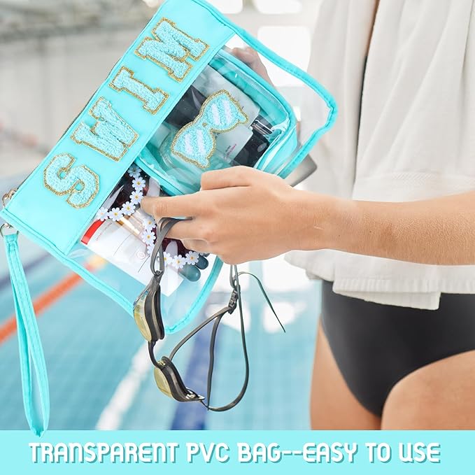 Hillban 2 Pcs Swim Bag Chenille Letter Preppy Patch Makeup Pouch Flat Clear Pouch PVC Organizer Purse Waterproof Travel Cosmetic Bags Pool Swim Coach Team Gifts for Women